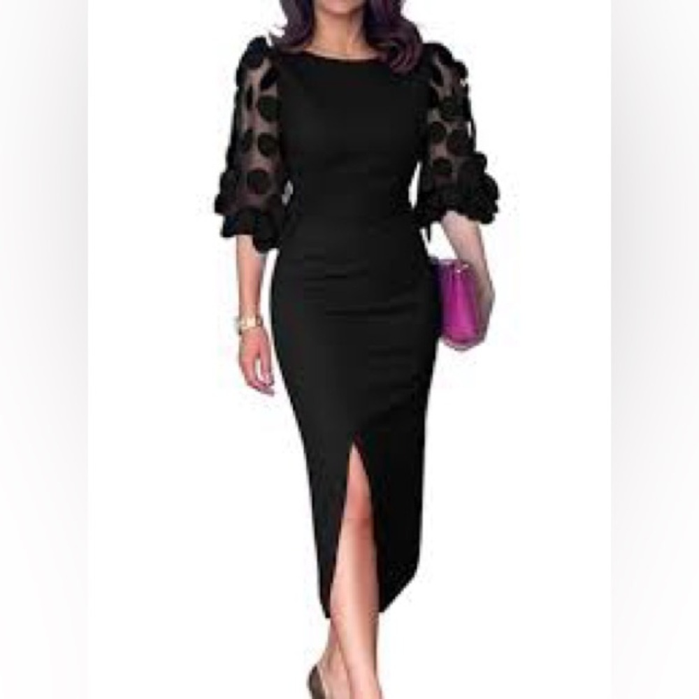Chic Black Dress with Sheer Polka Dot floral Sleeves